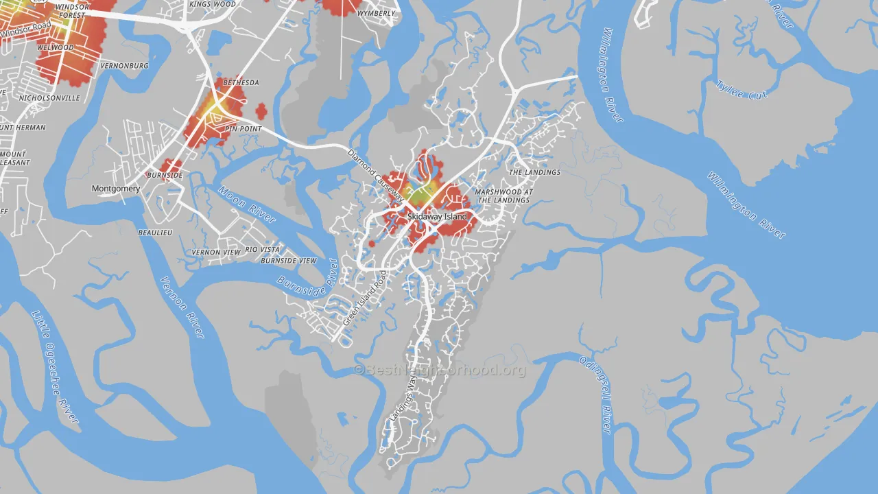 Walk Grade map of Skidaway Island, GA, walkable areas in green and car-dependent areas in red