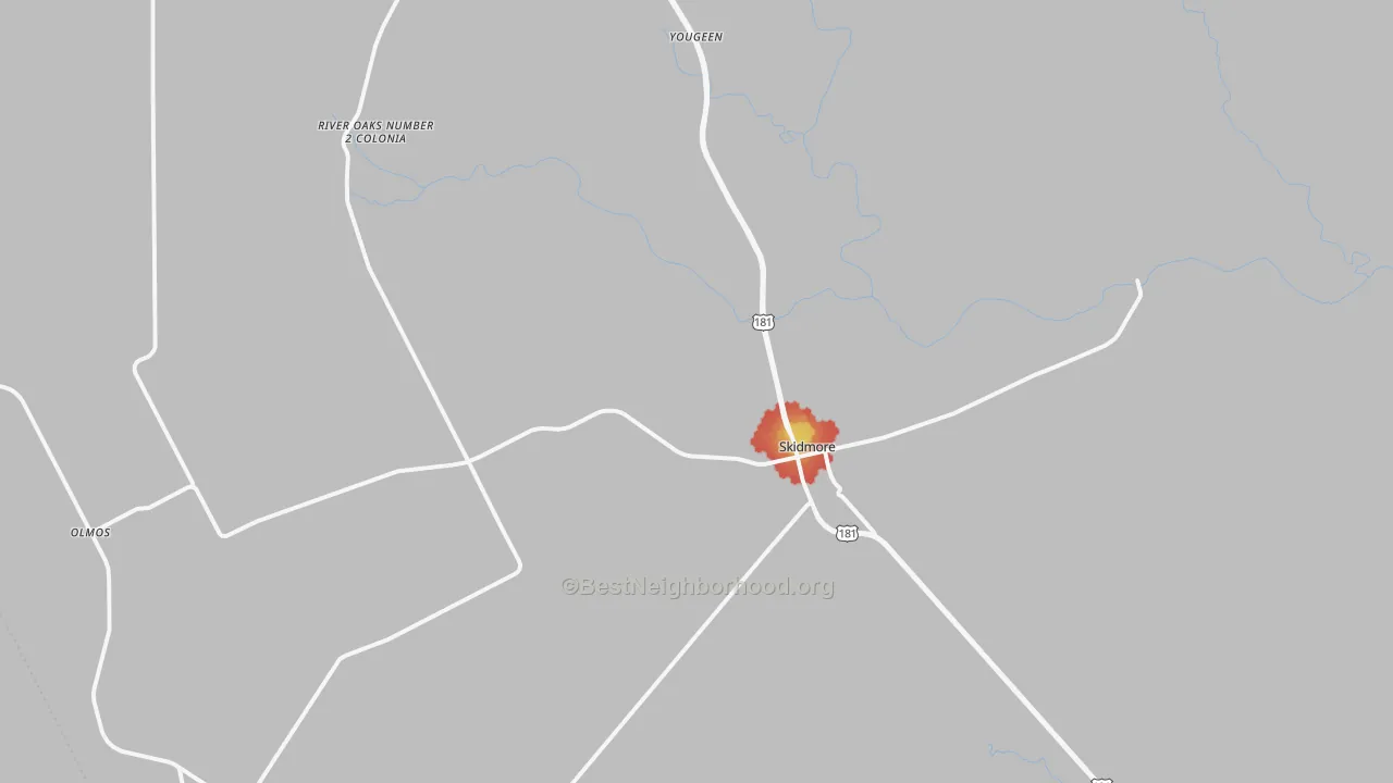Walk Grade map of Skidmore, TX, walkable areas in green and car-dependent areas in red