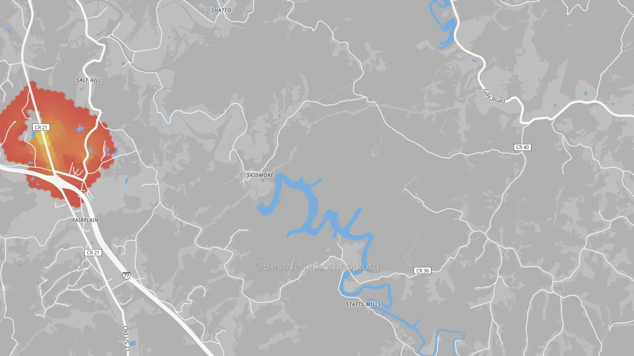 Walk Grade map of Skidmore, WV, walkable areas in green and car-dependent areas in red