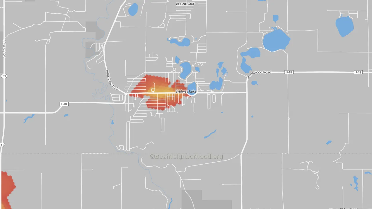 Walk Grade map of Skidway Lake, MI, walkable areas in green and car-dependent areas in red