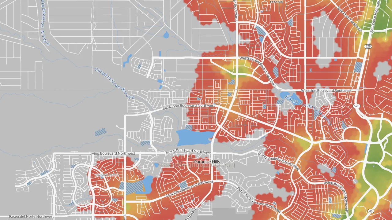 Walk Grade map of Skies West, Albuquerque, NM, walkable areas in green and car-dependent areas in red