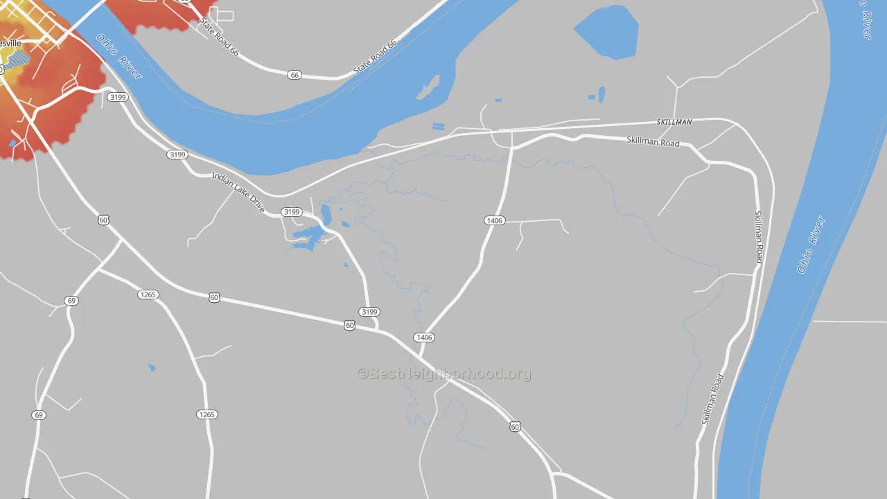 Walk Grade map of Skillman, KY, walkable areas in green and car-dependent areas in red