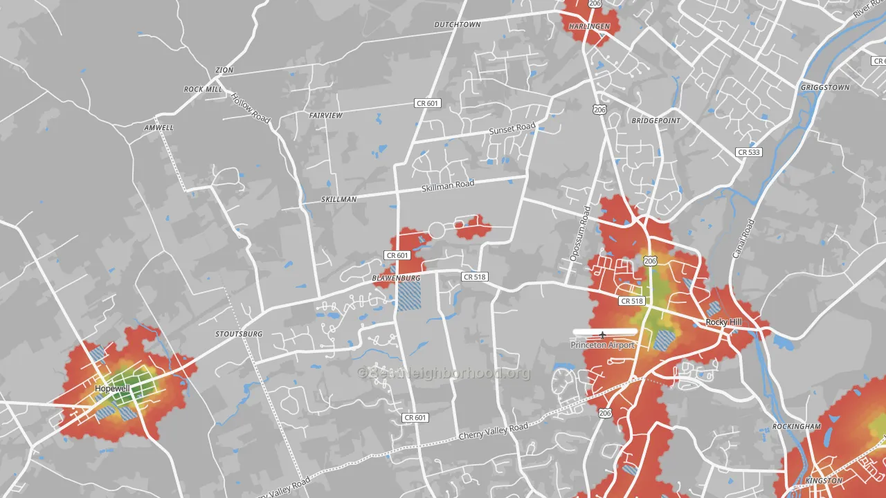 Walk Grade map of Skillman, NJ, walkable areas in green and car-dependent areas in red