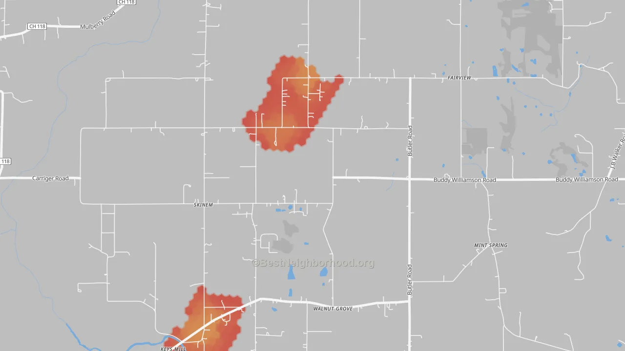 Walk Grade map of Skinem, AL, walkable areas in green and car-dependent areas in red
