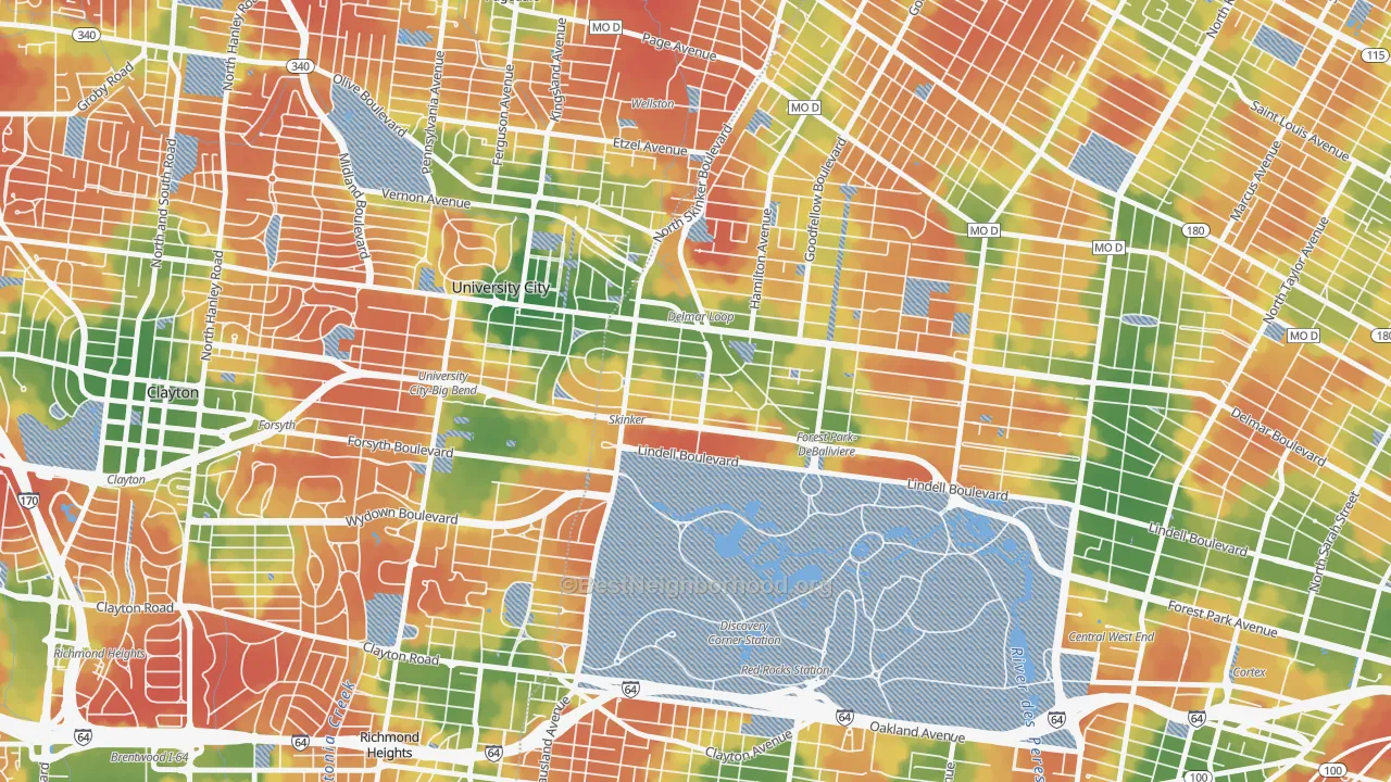 Walk Grade map of Skinker-Debaliviere, St. Louis, MO, walkable areas in green and car-dependent areas in red