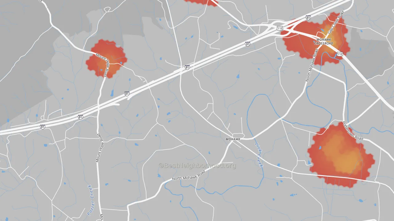 Walk Grade map of Skinner Crossroad, TN, walkable areas in green and car-dependent areas in red
