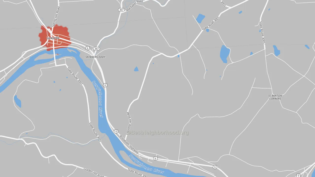 Walk Grade map of Skinners Eddy, PA, walkable areas in green and car-dependent areas in red