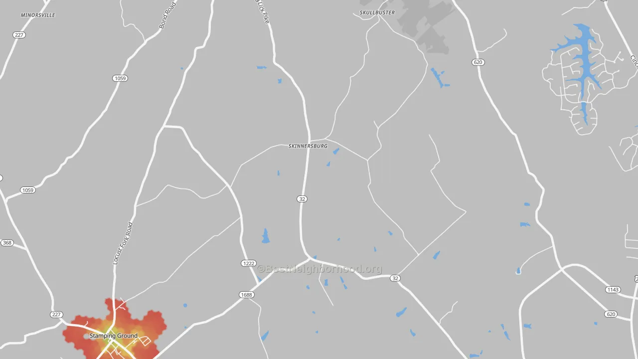 Walk Grade map of Skinnersburg, KY, walkable areas in green and car-dependent areas in red