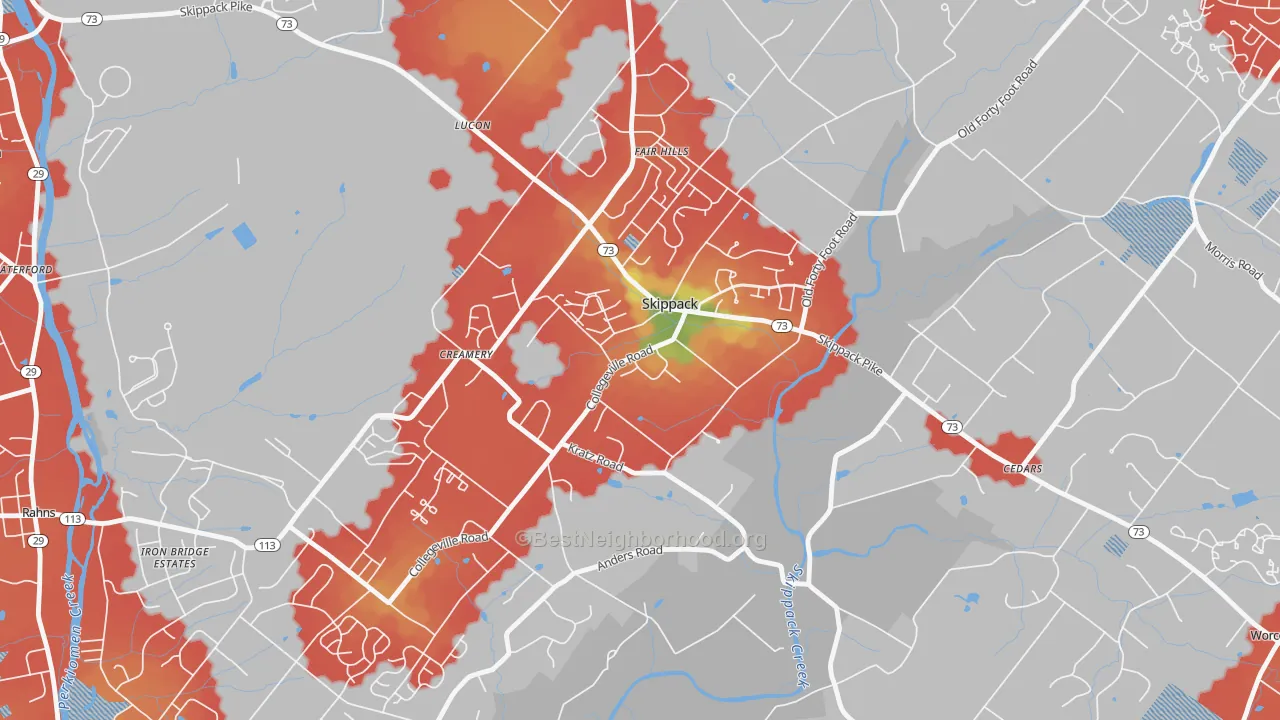 Walk Grade map of Skippack, PA, walkable areas in green and car-dependent areas in red