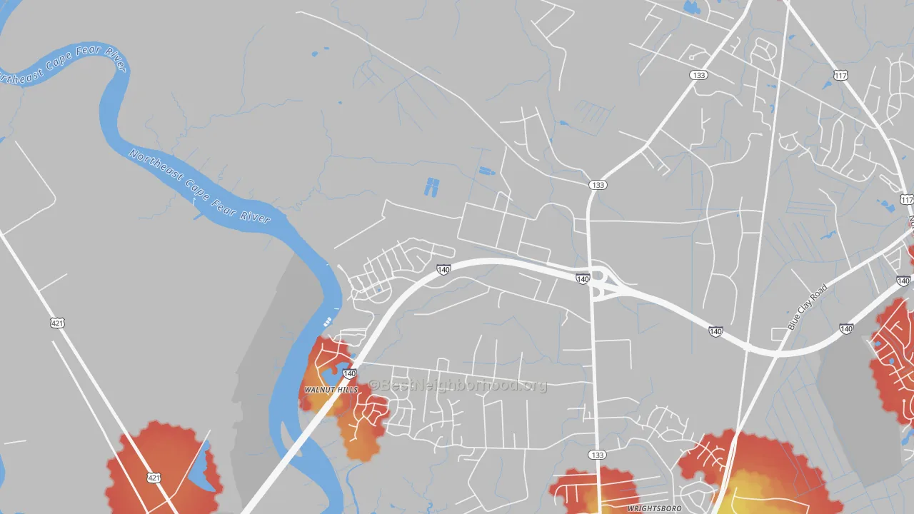 Walk Grade map of Skippers Corner, NC, walkable areas in green and car-dependent areas in red