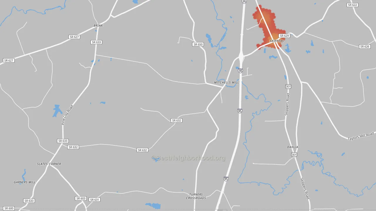 Walk Grade map of Skippers, VA, walkable areas in green and car-dependent areas in red