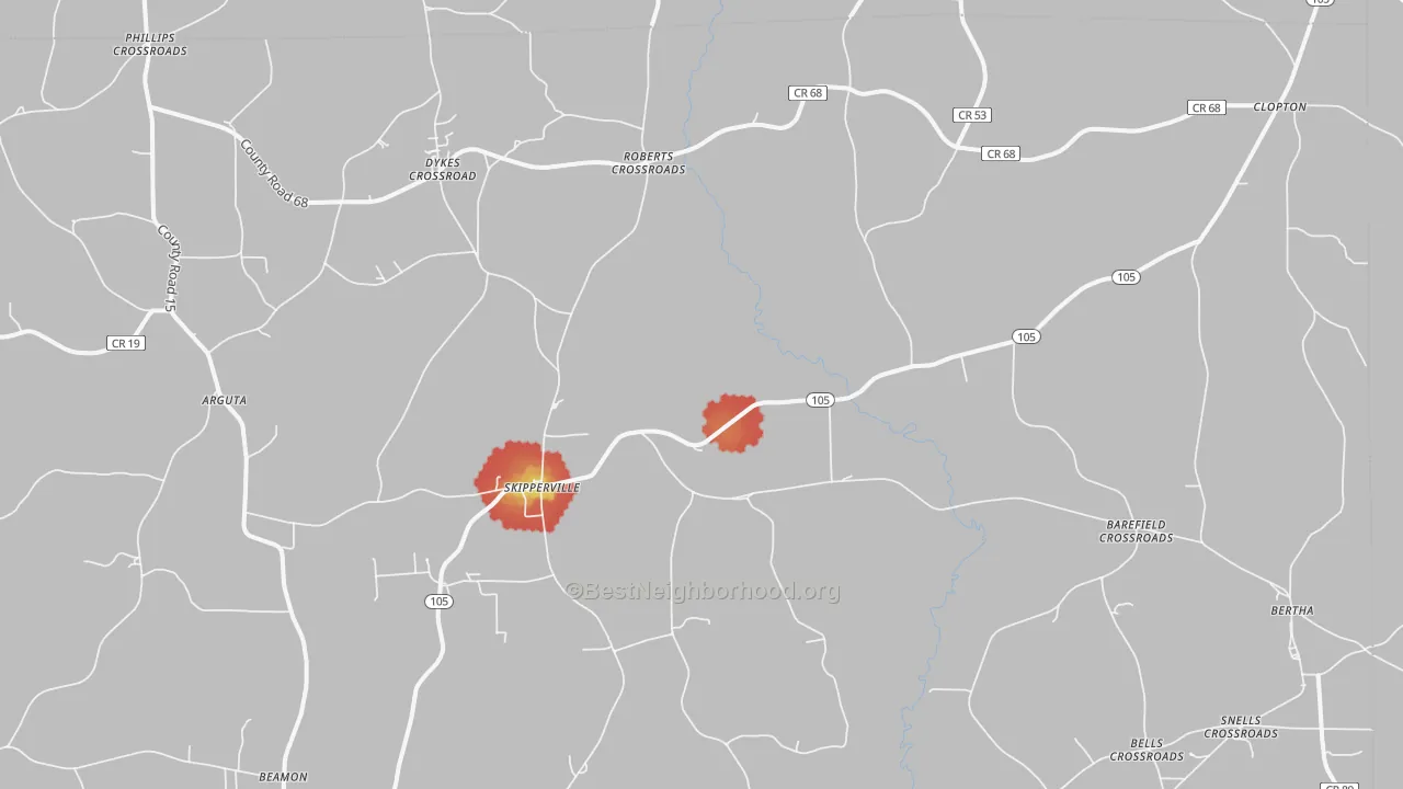 Walk Grade map of Skipperville, AL, walkable areas in green and car-dependent areas in red