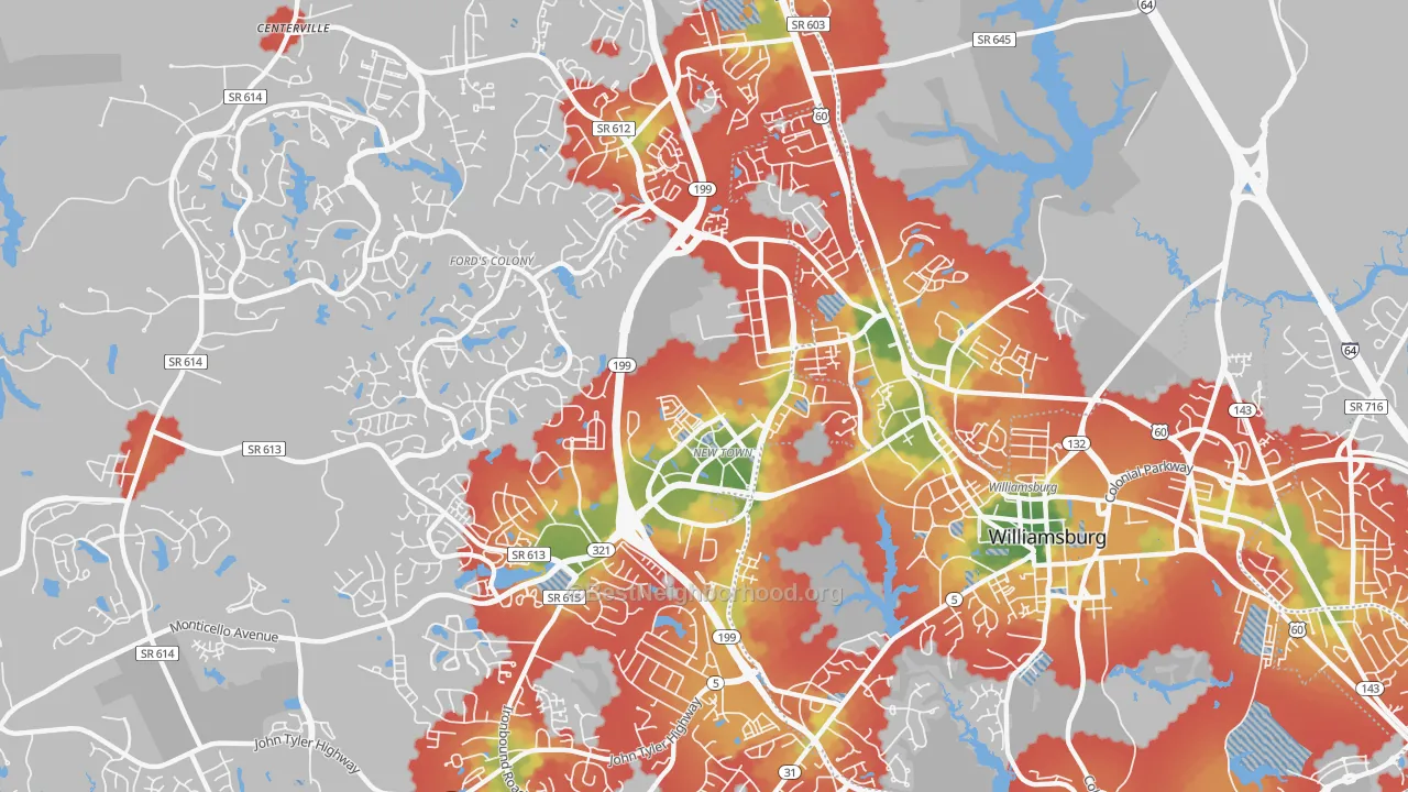 Walk Grade map of Skipwith Farms, VA, walkable areas in green and car-dependent areas in red