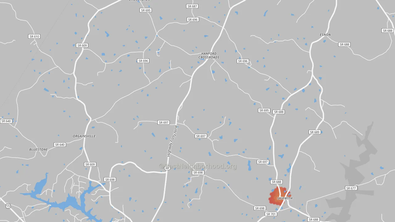 Walk Grade map of Skipwith, VA, walkable areas in green and car-dependent areas in red
