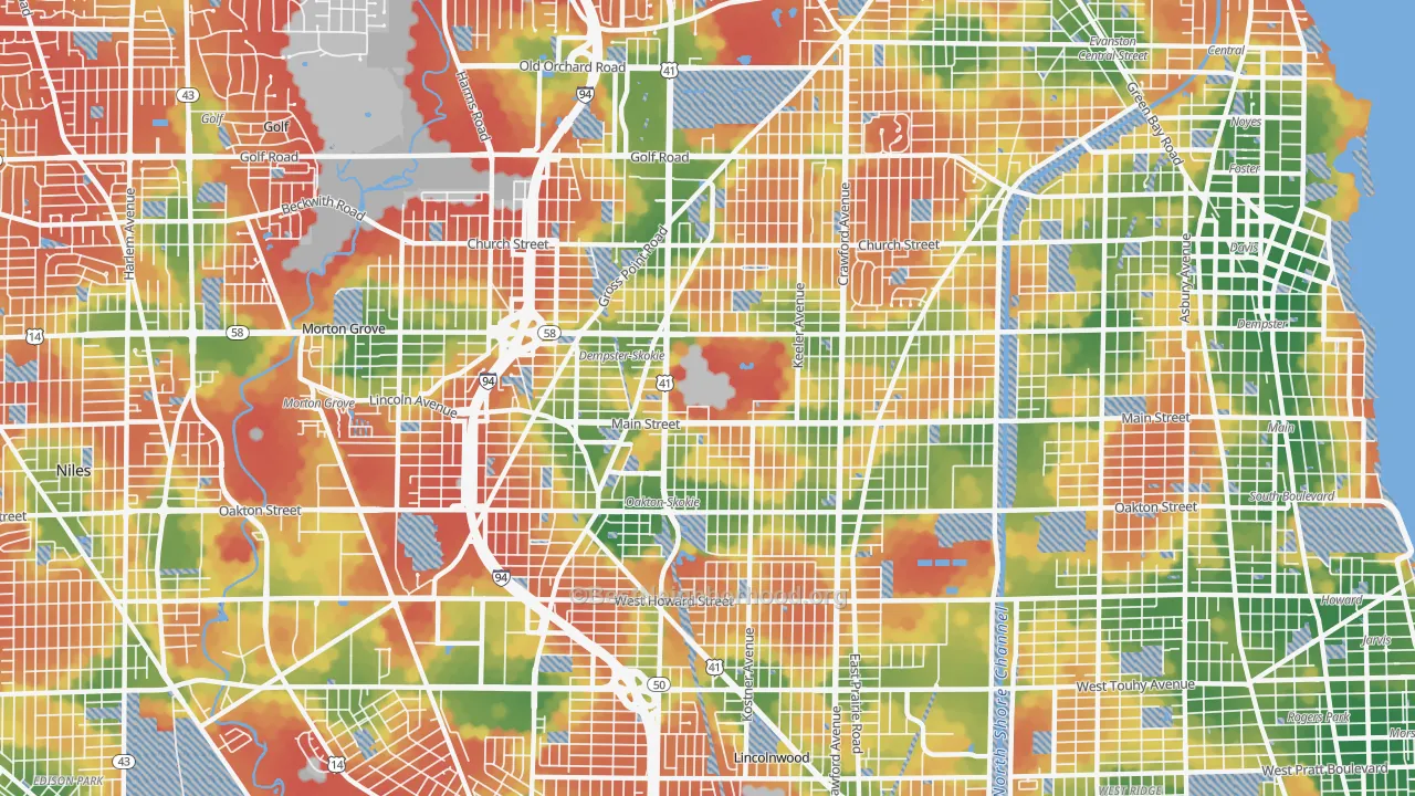 Walk Grade map of Skokie, IL, walkable areas in green and car-dependent areas in red