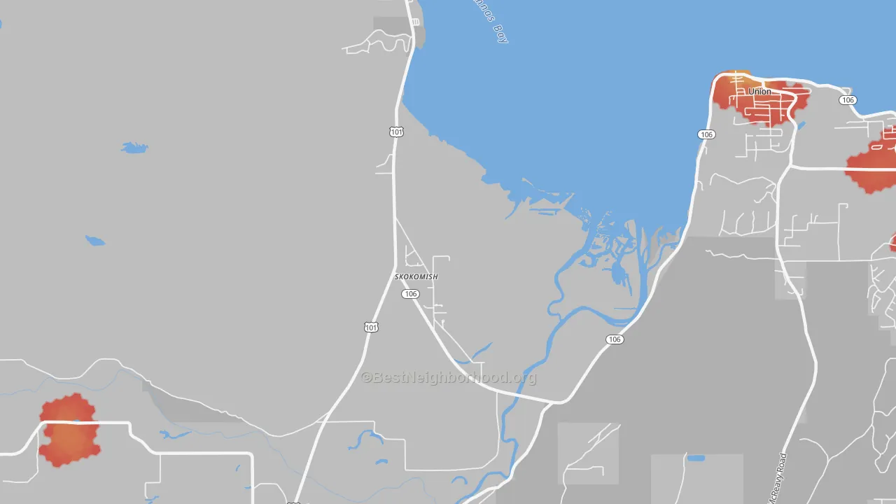 Walk Grade map of Skokomish, WA, walkable areas in green and car-dependent areas in red