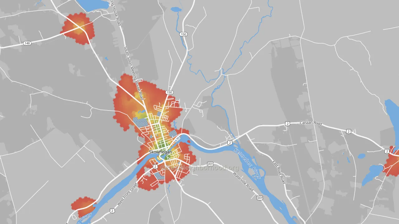 Walk Grade map of Skowhegan, ME, walkable areas in green and car-dependent areas in red