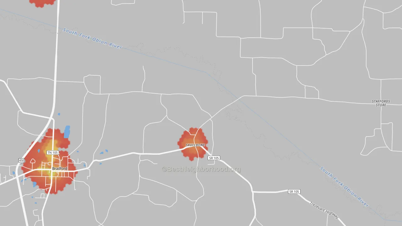 Walk Grade map of Skullbone, TN, walkable areas in green and car-dependent areas in red