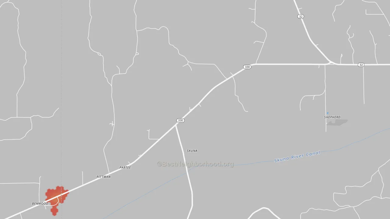 Walk Grade map of Skuna, MS, walkable areas in green and car-dependent areas in red