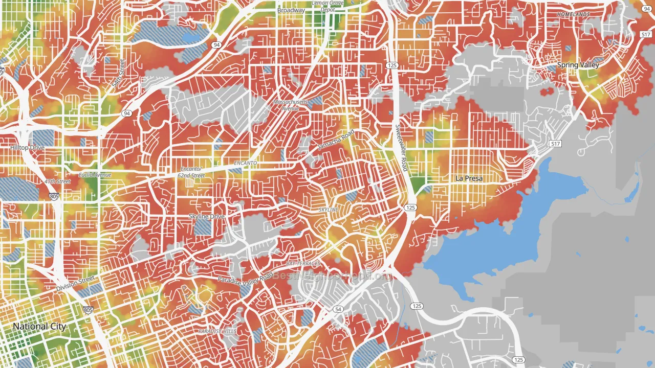 Walk Grade map of Sky Line, San Diego, CA, walkable areas in green and car-dependent areas in red
