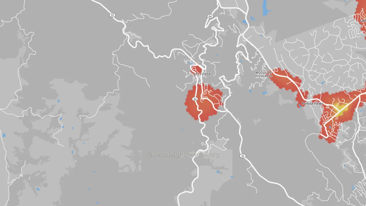 Walk Grade map of Sky Londa, CA, walkable areas in green and car-dependent areas in red