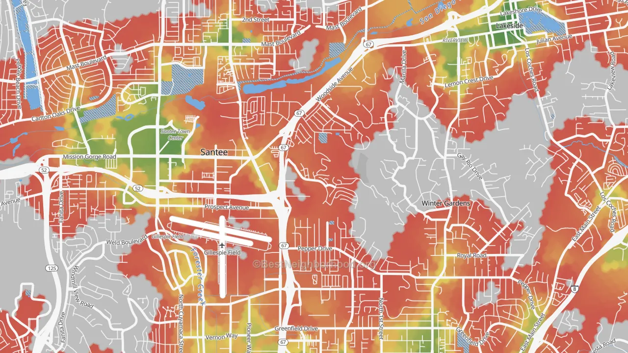 Walk Grade map of Sky Ranch, Santee, CA, walkable areas in green and car-dependent areas in red