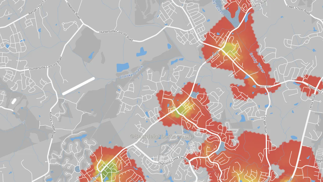 Walk Grade map of Skybrook, Huntersville, NC, walkable areas in green and car-dependent areas in red