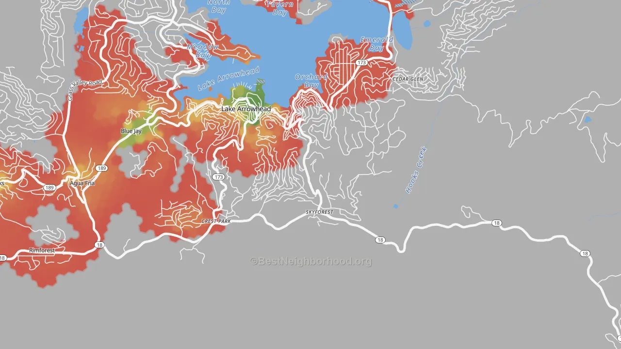Walk Grade map of Skyforest, CA, walkable areas in green and car-dependent areas in red