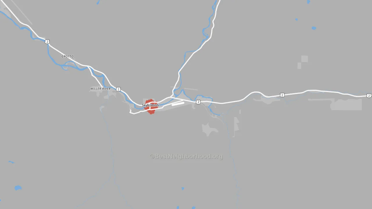 Walk Grade map of Skykomish, WA, walkable areas in green and car-dependent areas in red
