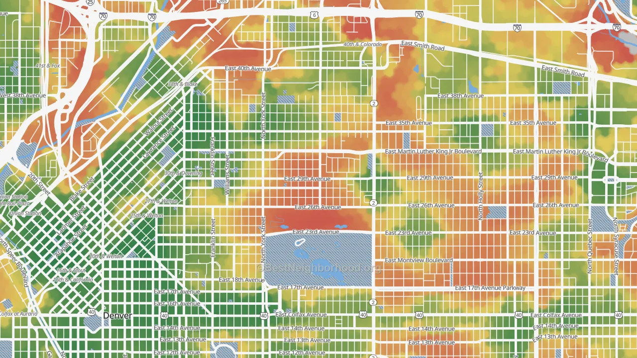 Walk Grade map of Skyland, Denver, CO, walkable areas in green and car-dependent areas in red