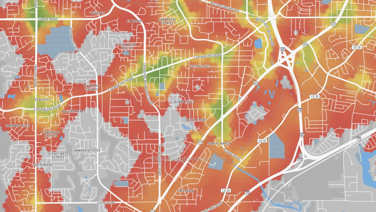 Walk Grade map of Skyland Park, Mobile, AL, walkable areas in green and car-dependent areas in red