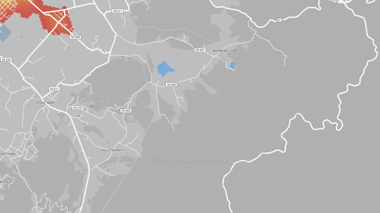 Walk Grade map of Skyland, VA, walkable areas in green and car-dependent areas in red