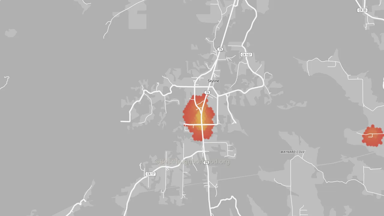 Walk Grade map of Skyline, AL, walkable areas in green and car-dependent areas in red