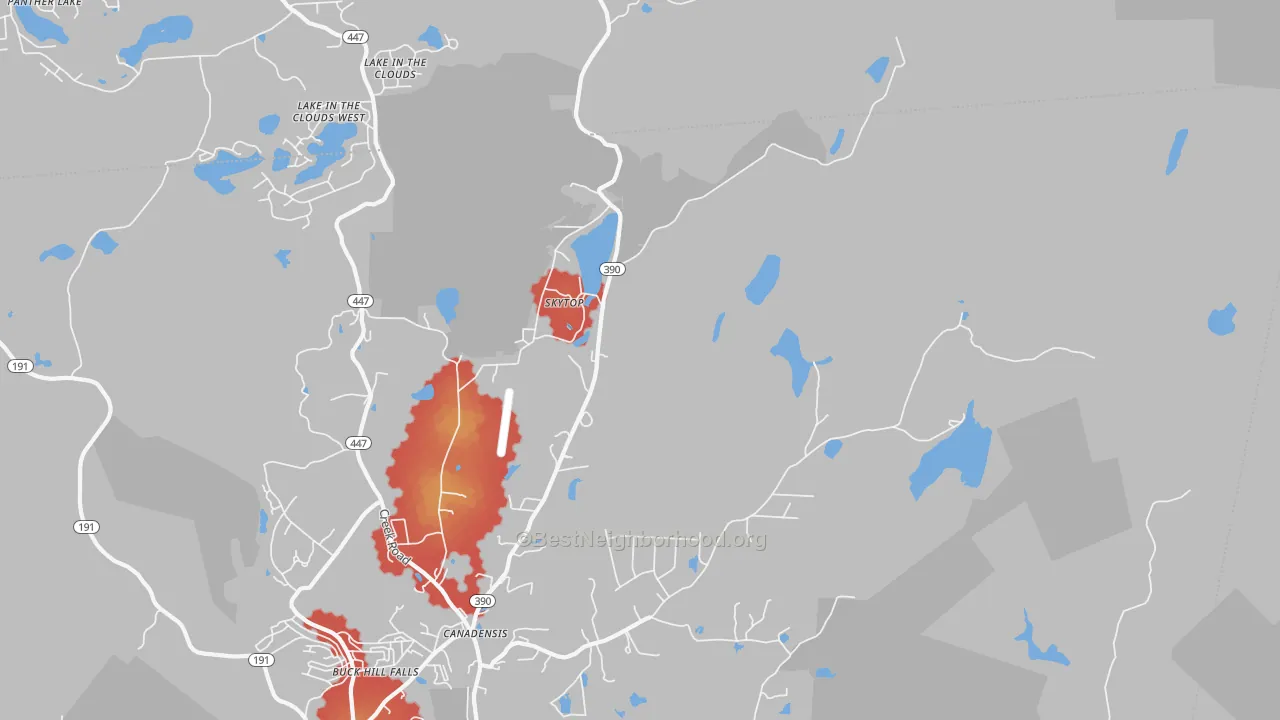 Walk Grade map of Skytop, PA, walkable areas in green and car-dependent areas in red