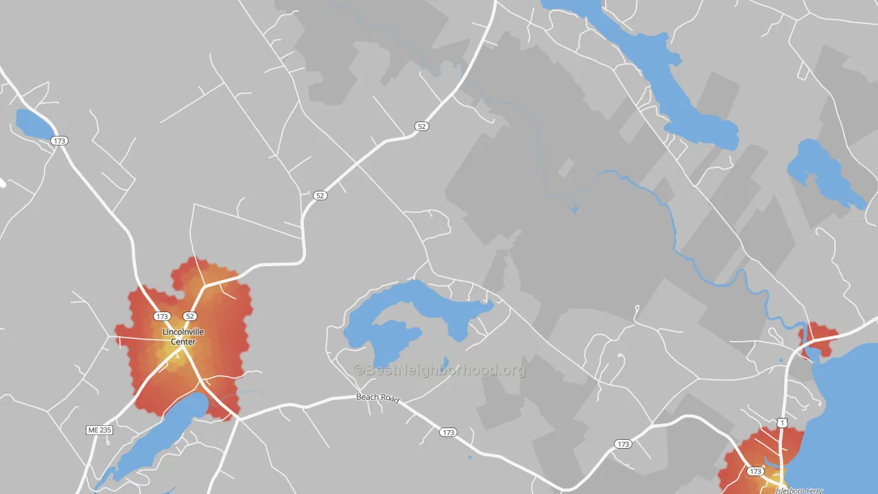 Walk Grade map of Slab City, ME, walkable areas in green and car-dependent areas in red