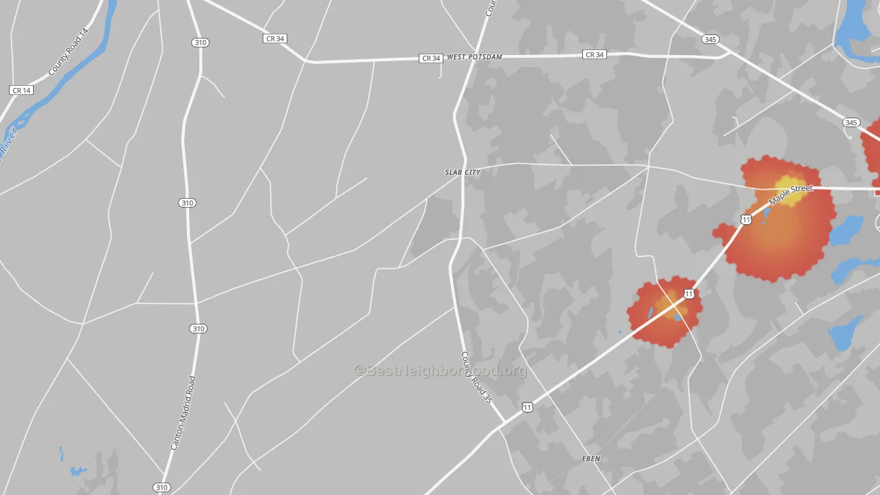 Walk Grade map of Slab City, NY, walkable areas in green and car-dependent areas in red