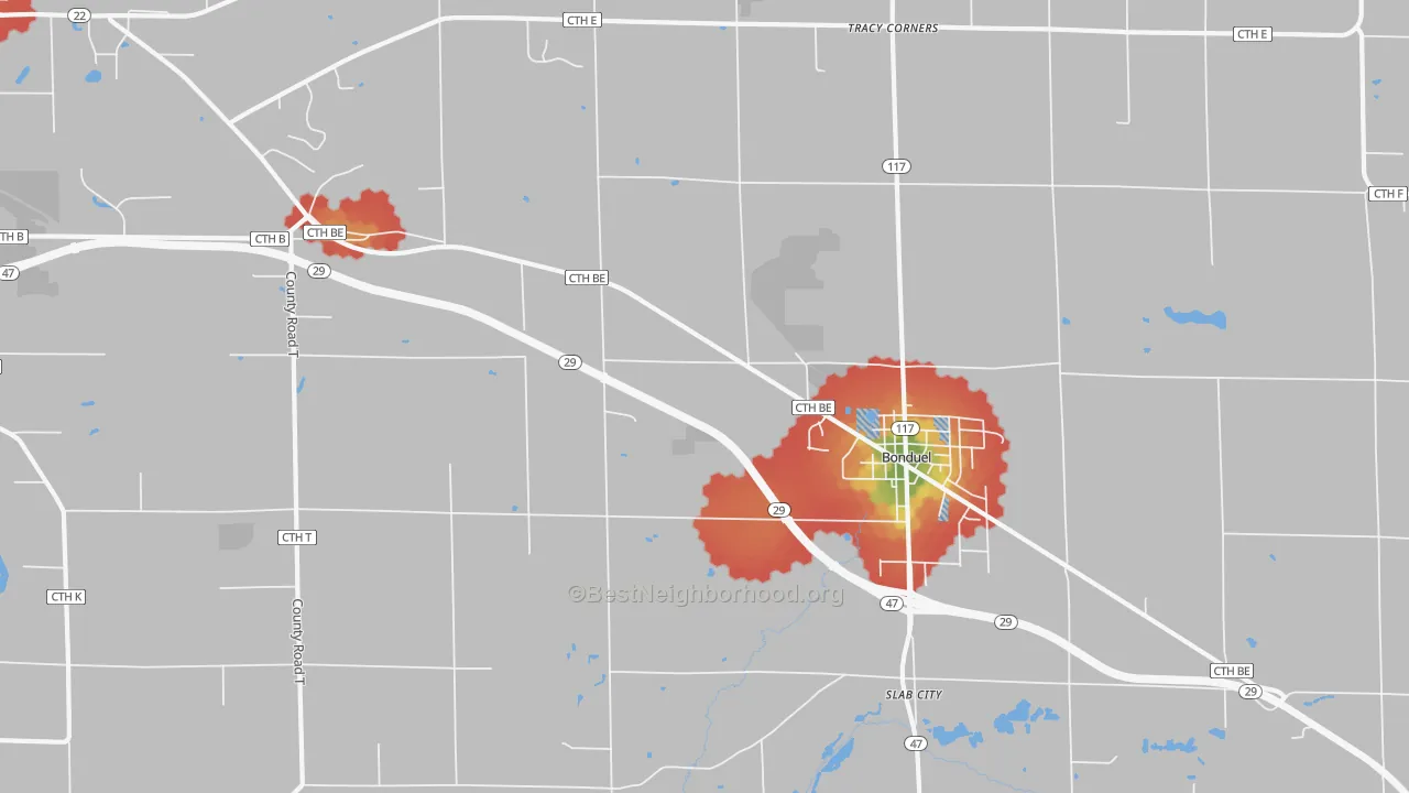 Walk Grade map of Slab City, WI, walkable areas in green and car-dependent areas in red