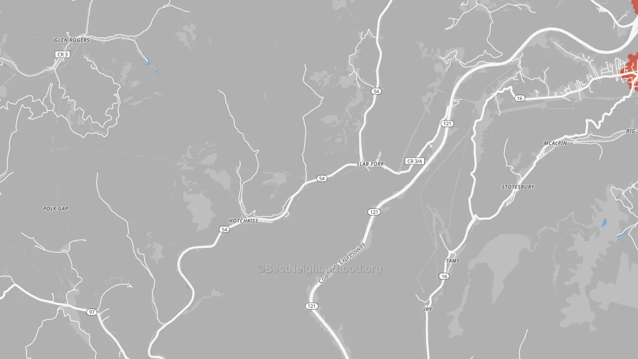 Walk Grade map of Slab Fork, WV, walkable areas in green and car-dependent areas in red