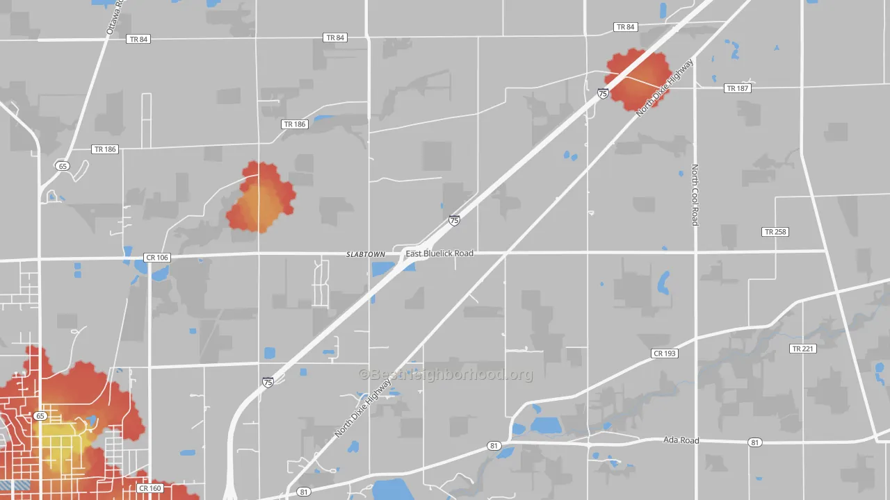 Walk Grade map of Slabtown, OH, walkable areas in green and car-dependent areas in red