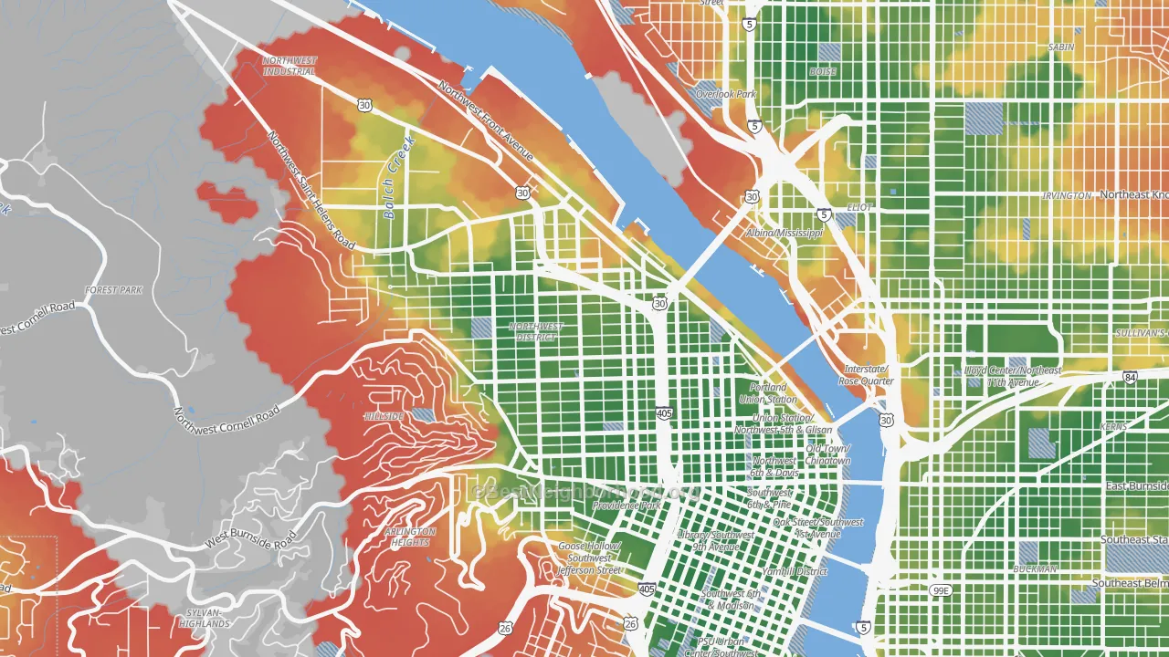 Walk Grade map of Slabtown, Portland, OR, walkable areas in green and car-dependent areas in red