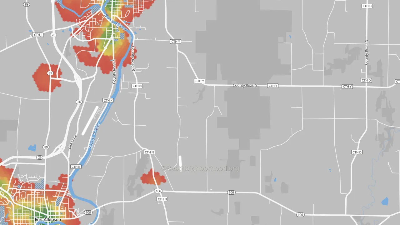 Walk Grade map of Slabtown, WI, walkable areas in green and car-dependent areas in red