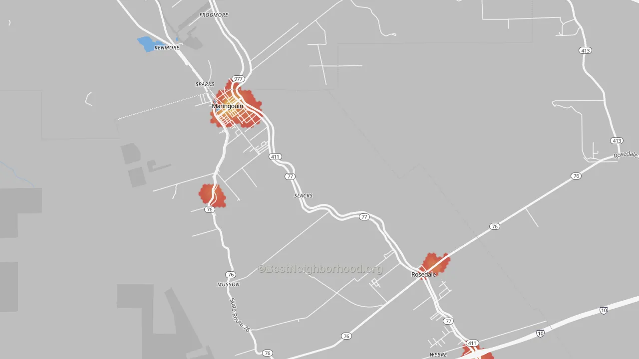 Walk Grade map of Slacks, LA, walkable areas in green and car-dependent areas in red