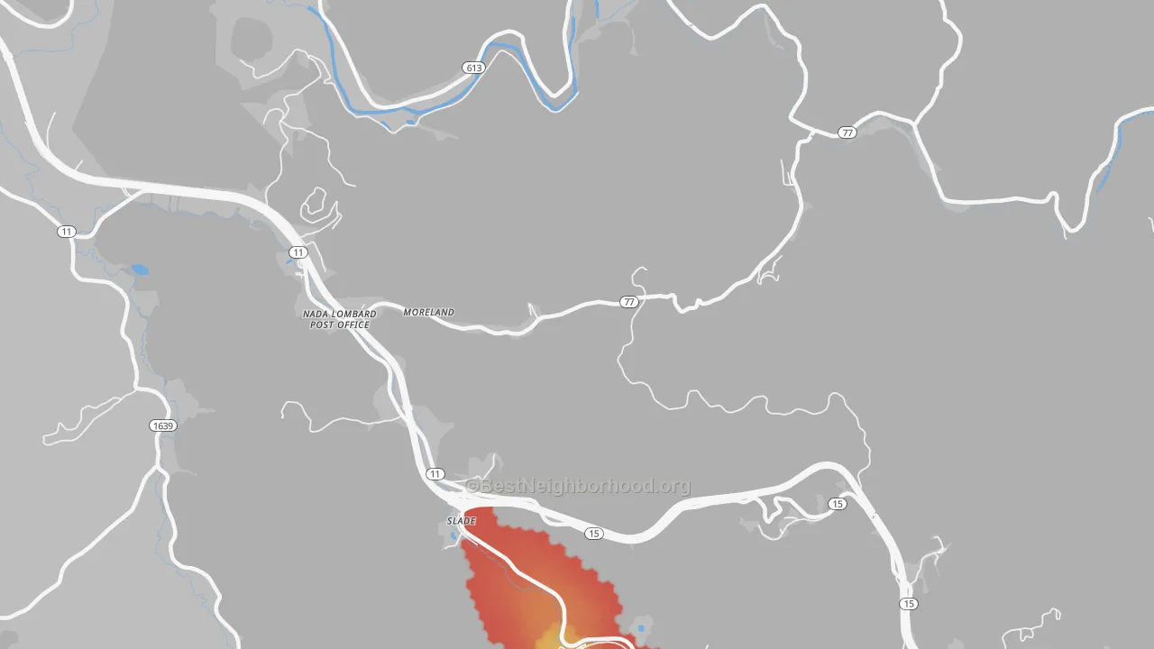 Walk Grade map of Slade, KY, walkable areas in green and car-dependent areas in red