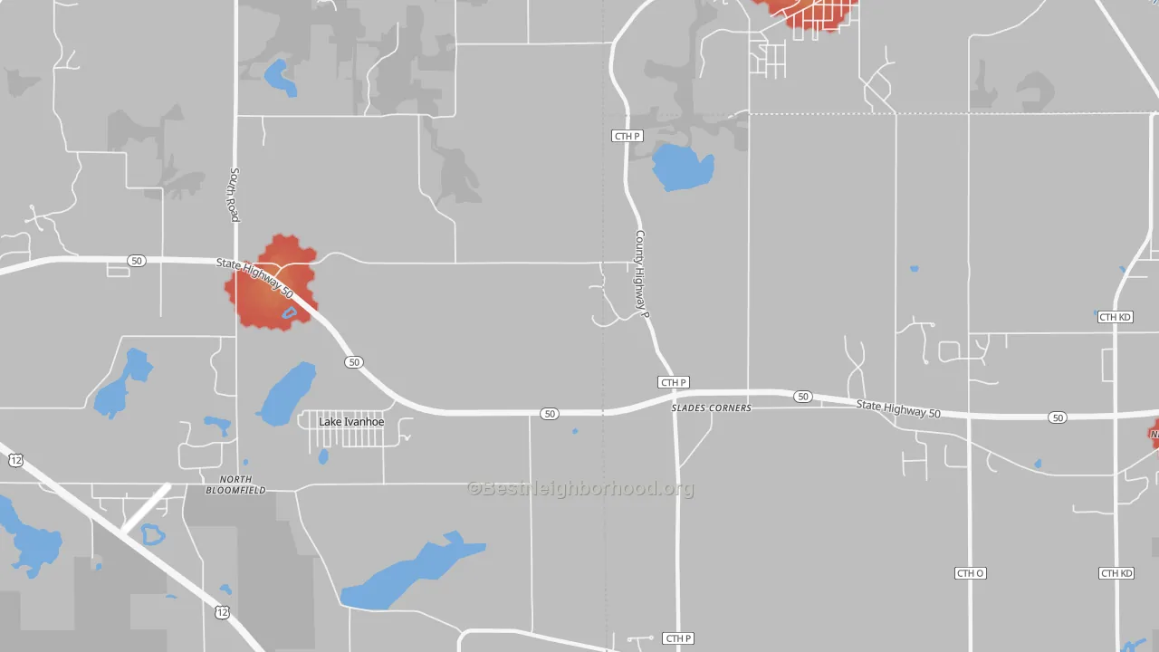 Walk Grade map of Slades Corner, WI, walkable areas in green and car-dependent areas in red