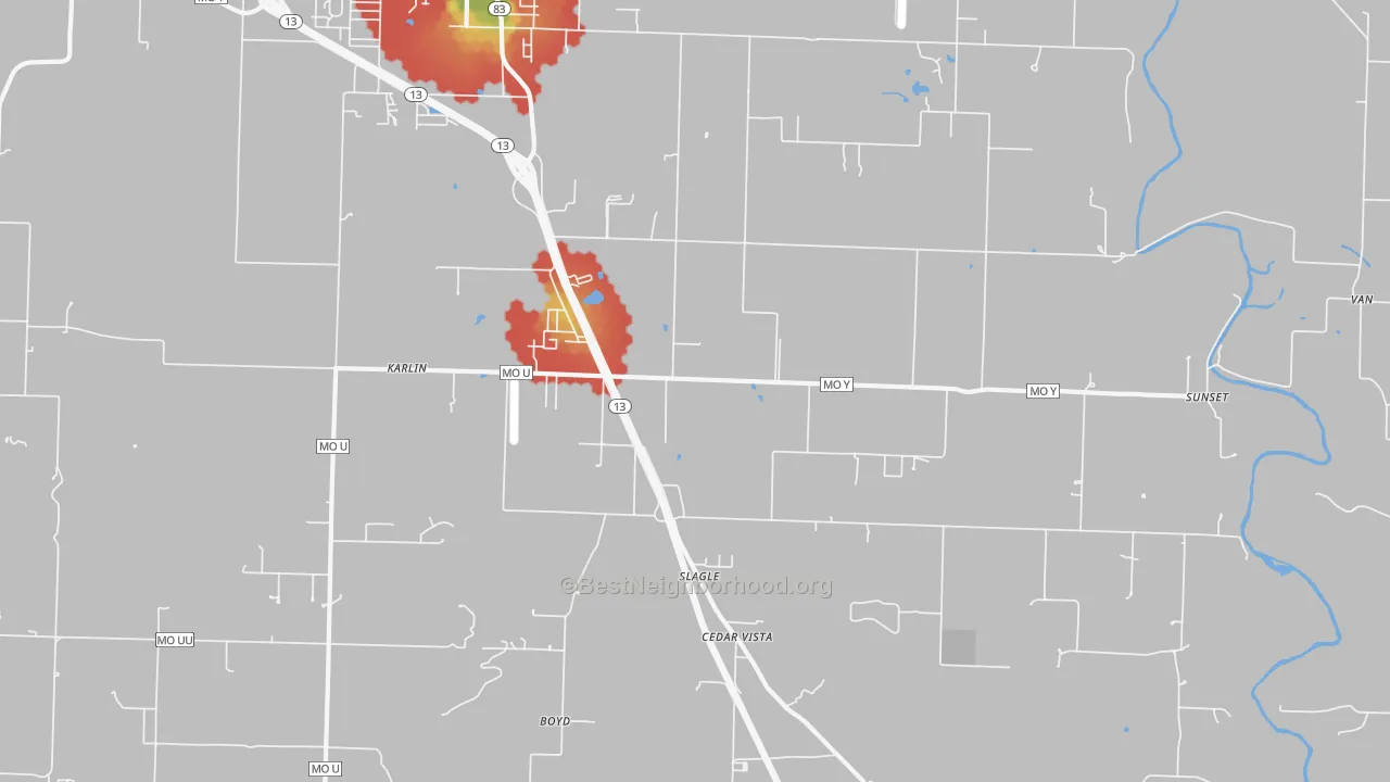 Walk Grade map of Slagle, MO, walkable areas in green and car-dependent areas in red
