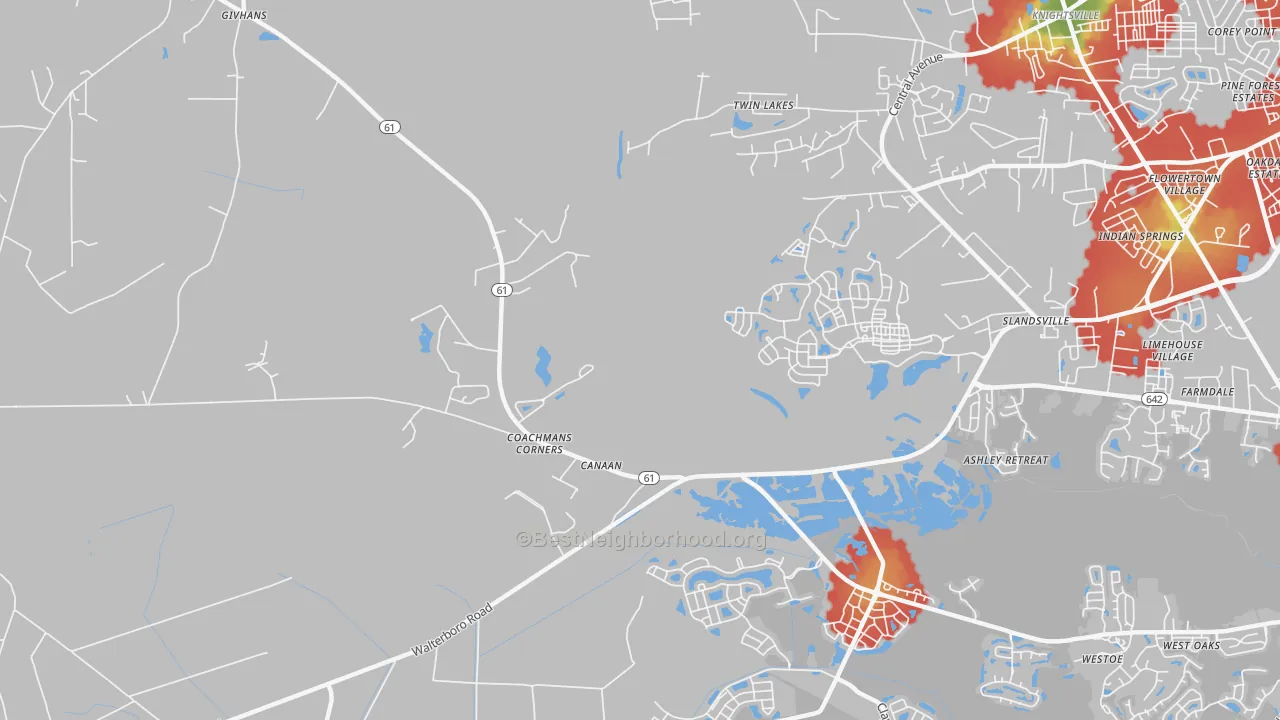 Walk Grade map of Slandsville, SC, walkable areas in green and car-dependent areas in red