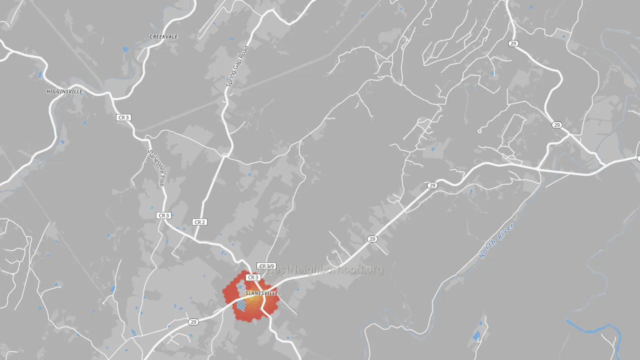 Walk Grade map of Slanesville, WV, walkable areas in green and car-dependent areas in red