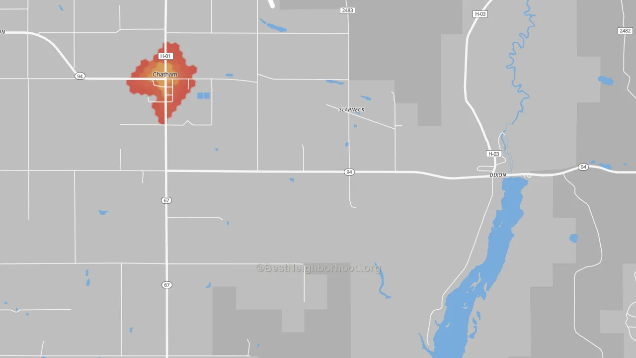 Walk Grade map of Slapneck, MI, walkable areas in green and car-dependent areas in red