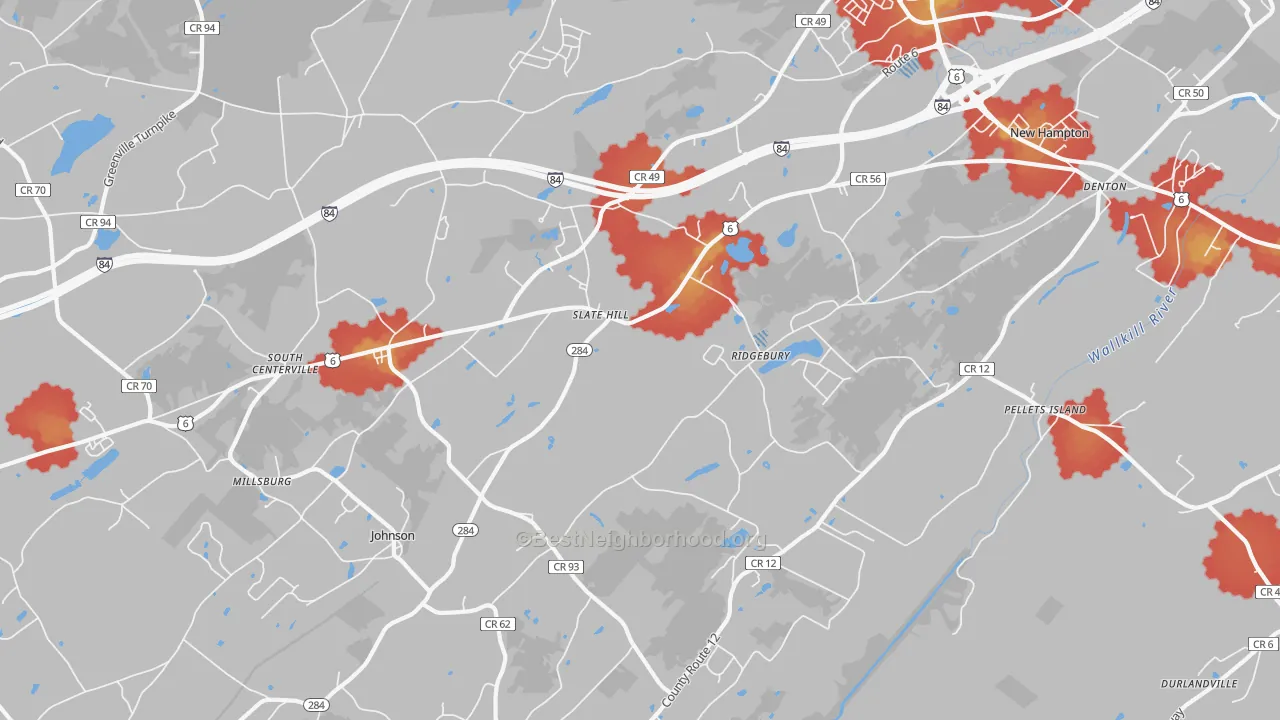 Walk Grade map of Slate Hill, NY, walkable areas in green and car-dependent areas in red