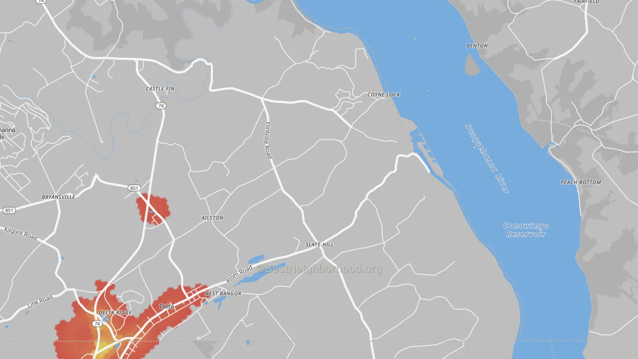 Walk Grade map of Slate Hill, PA, walkable areas in green and car-dependent areas in red